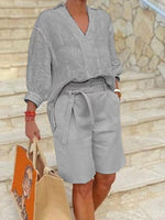 Full Size Johnny Collar 3/4 Sleeve Top and Shorts Set Plus Size