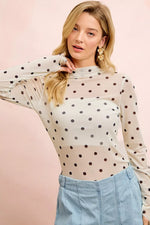 BiBi High Neck Line Polka Dots Mesh Top With Thumb Open