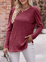 Ribbed Knit Puff Sleeve T-Shirt