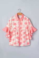 Double Polka Dot Printed Ruffle Trim Short Sleeve Babydoll Shirt