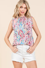 Lime 'N' Chili Full Size Graphic Print Ruffle Trim Mock Neck Sleeveless Top Plus Size