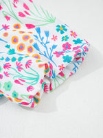 Round Neck Textured Contrast Floral Bubble Sleeve Blouse