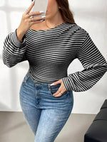 Plus Size Striped One-Shoulder Long Sleeve T-Shirt