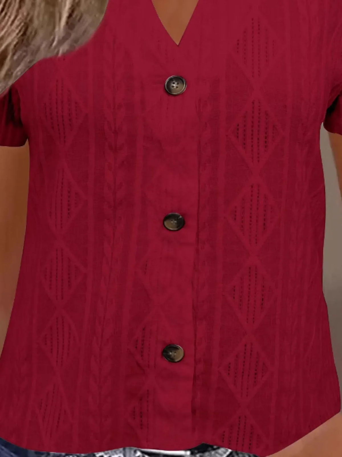 Textured Notched Short Sleeve Blouse