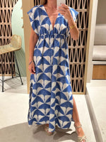 Slit Printed V-Neck Cap Sleeve Maxi Dress