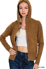Zenana Drawstring Zip Up Hooded Cardigan