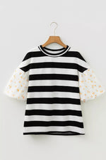 Stripe Floral Print Puff Sleeve Patchwork Blouse