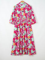 Vibrant Floral Print V Neck Zip Up Puffy Half Sleeve Dress