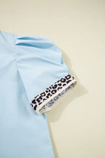 Contrast Leopard Trim Split Neck Puff Sleeve Blouse