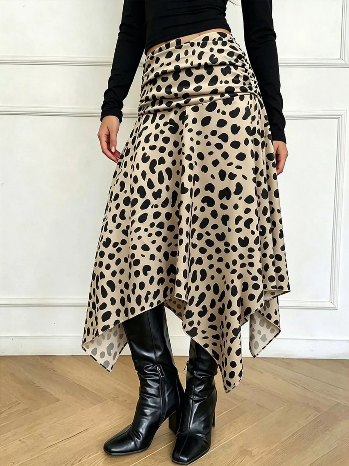 Leopard Print Asymmetrical Hem Midi Skirt
