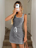 Striped Knitted Mini Dress with Drawstring