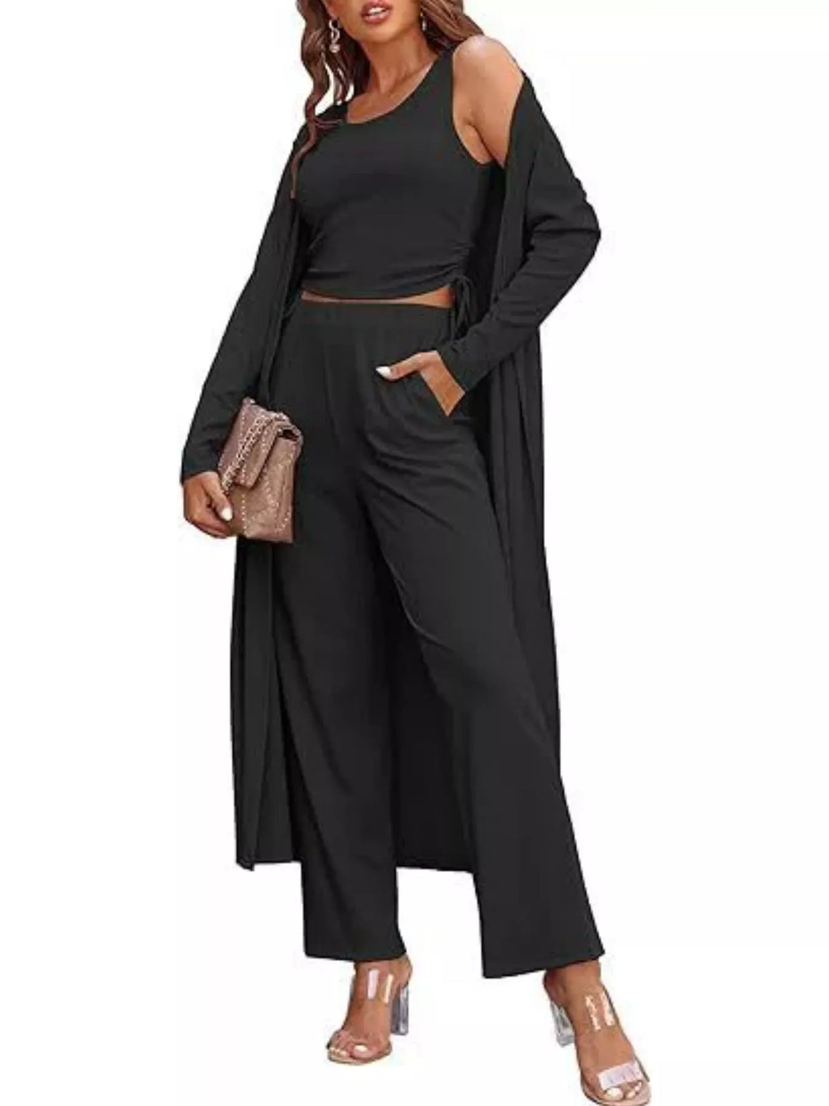 Round Neck Tank & Cardigan & Pants Set