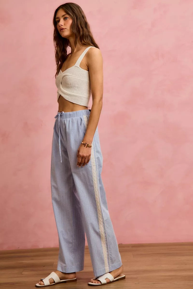 SO ME Wide CheckPants With Side Lace Trim And Piping