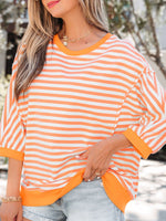 Stripe 3/4 Sleeve Exposed Seam Patchwork Pullover Top