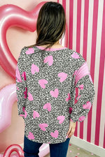 Leopard Heart Print Colorblock Pullover Blouse