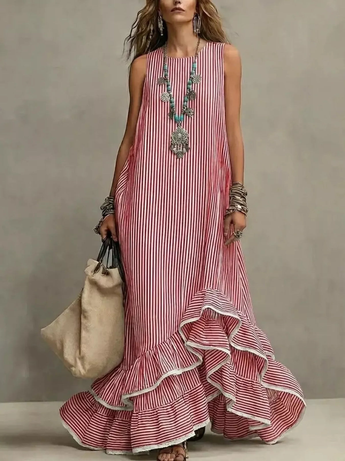 Striped Ruffle Hem Maxi Dress