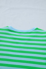Stripe Colorblock Detail Puff Sleeve Top Drawstring Shorts 2pcs Outfit