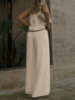 Contrast Trim Top and Wide Leg Pants Set