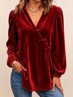 Chinese-Style Knot Buttons Velvet Blouse