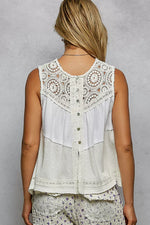 POL Round Neck Sleeveless Top with Crochet Contrast