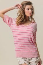 BiBi Stripe Short Sleeves Collared V Neck Top