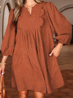 Split Neck Scallop Detail Corduroy Mini Dress