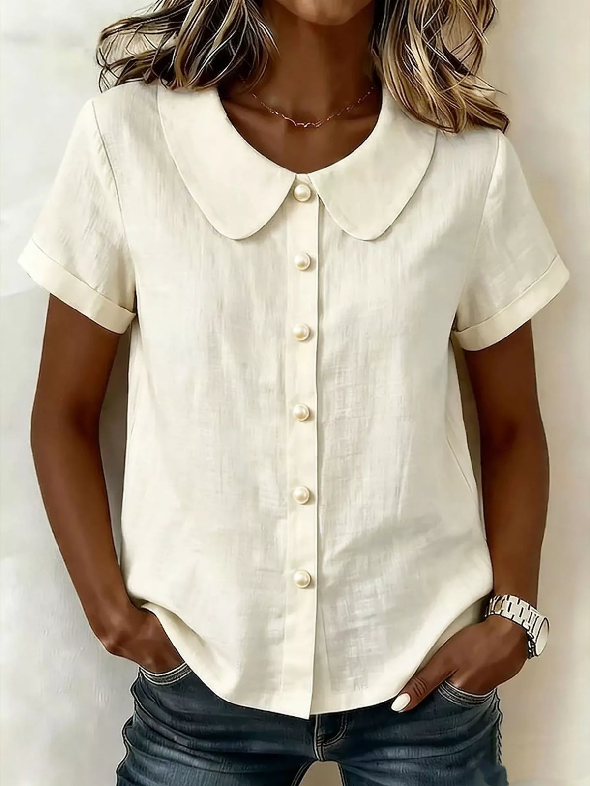Peter Pan Collar Pearl Button Short Sleeve Shirt