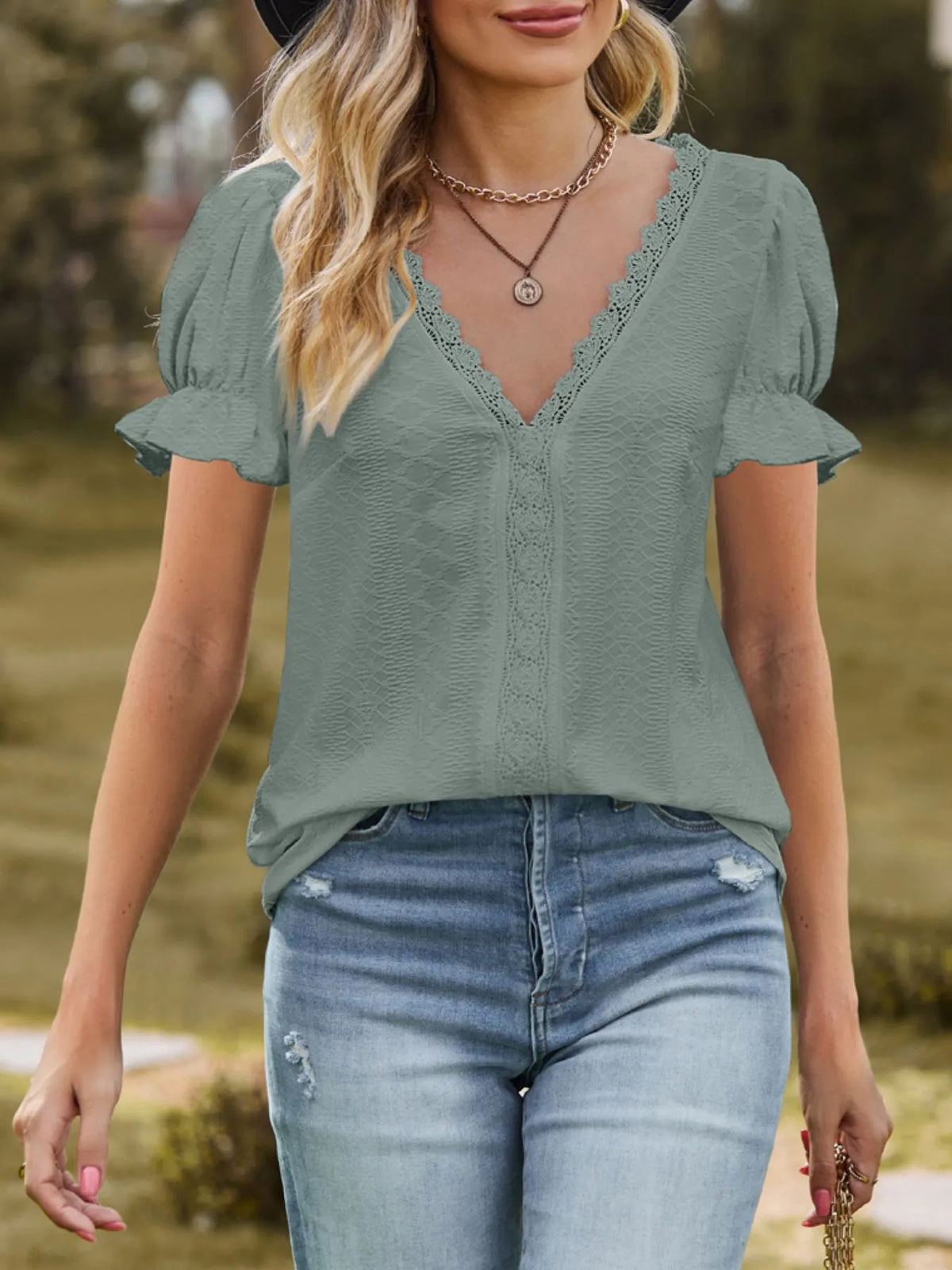 Lace Trim V-Neck Puff Sleeve Blouse