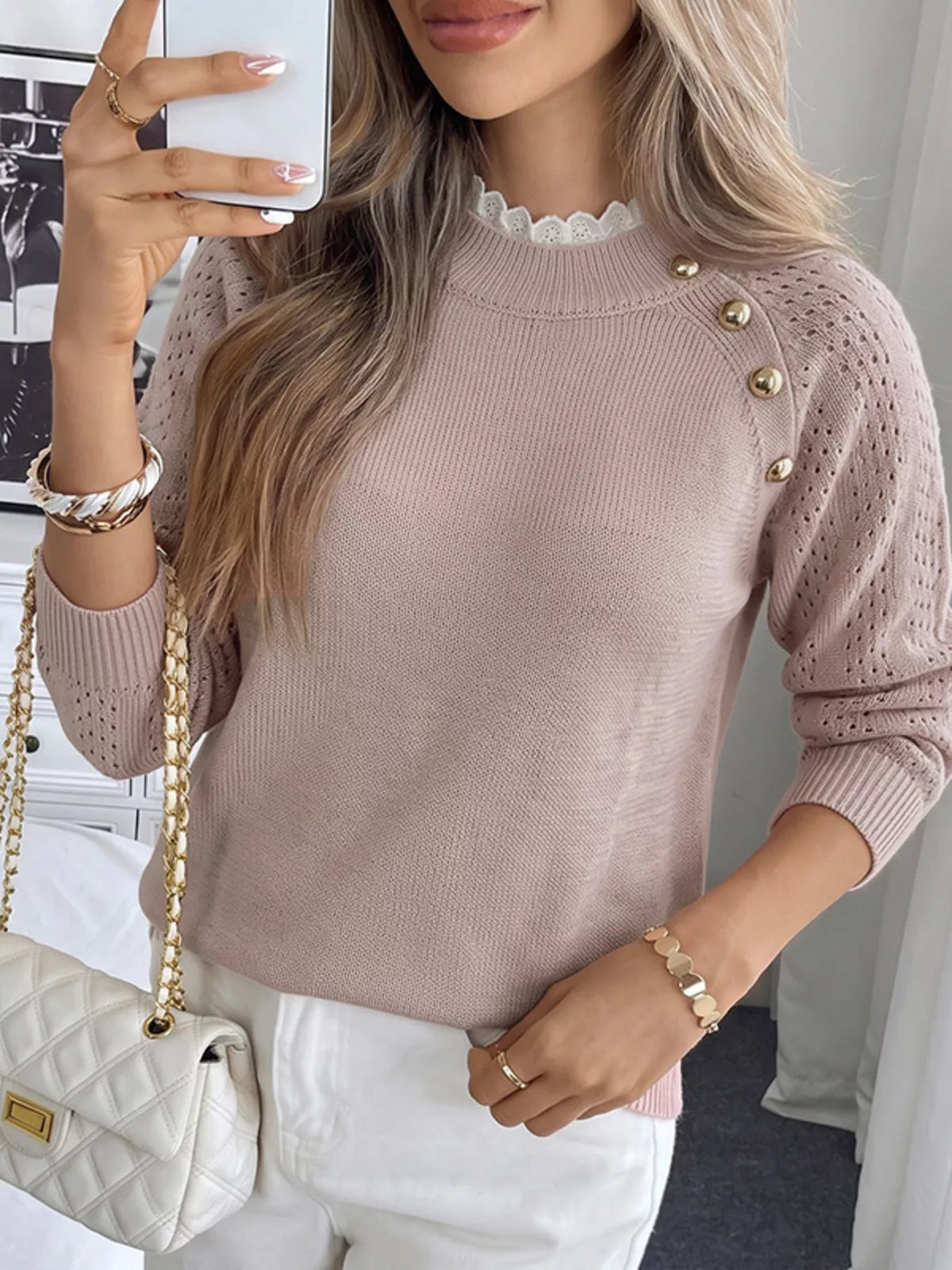 Openwork Mock Neck Sweater