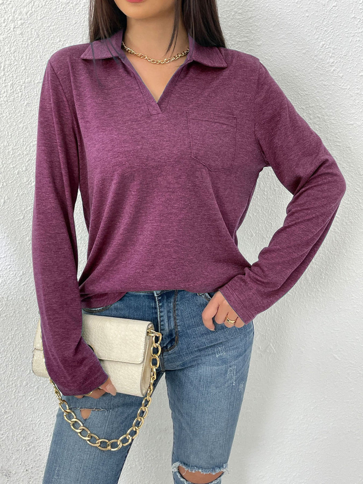 Collared Neck Long Sleeve T-Shirt