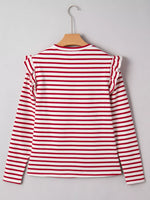 Stripe Round Neck Ruffle Trim Long Sleeve Top