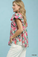 Umgee Mix Tropical Print Blouse with Ruffle Cap Sleeves