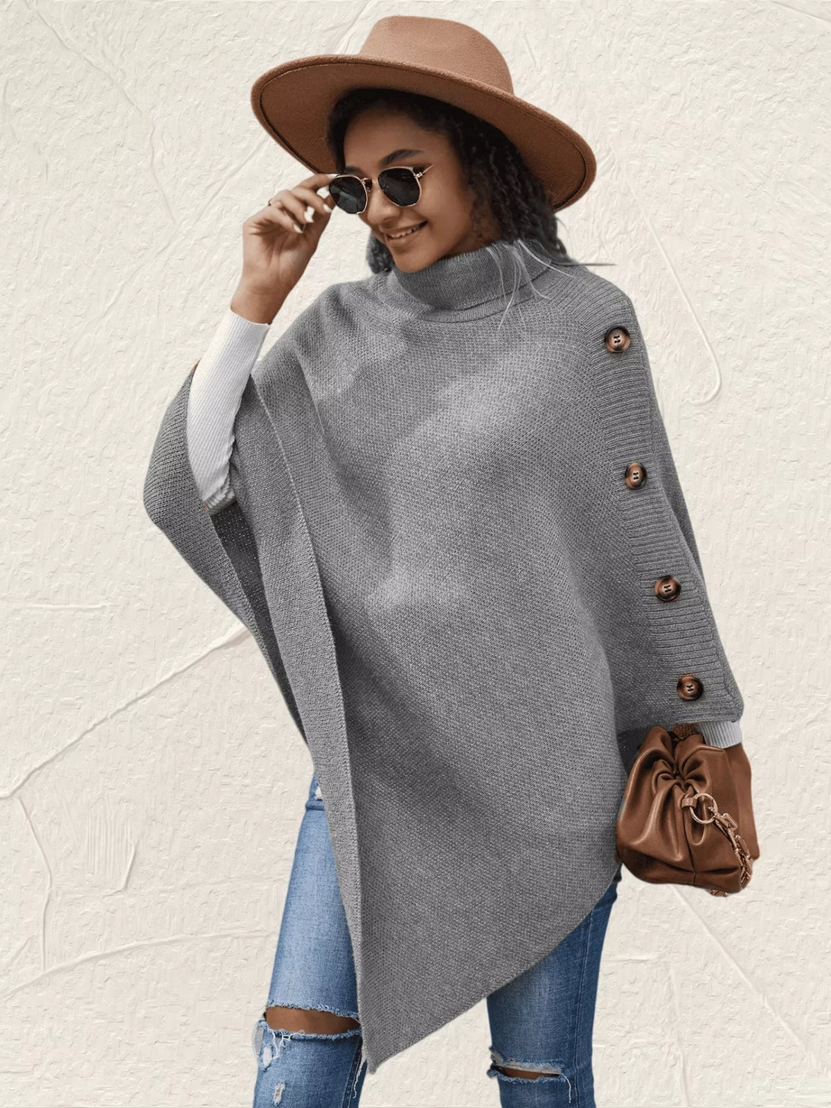 Button-Decor Turtleneck Poncho Pullover
