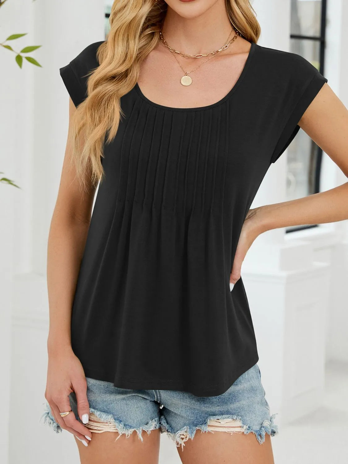 Pleated Front Scoop Neck T-Shirt