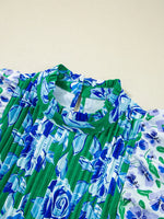 Floral Lace Trim Contrast Ruffle Sleeve Pleated Loose Blouse