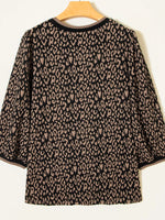 Leopard Print Puffy Bracelet Sleeve Contrast Trim Round Neck Top