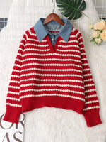 Contrast Striped Sweater with Denim Collar