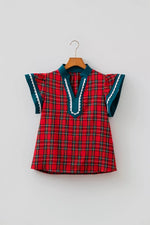Plaid V Neck Short Sleeve Shift Blouse