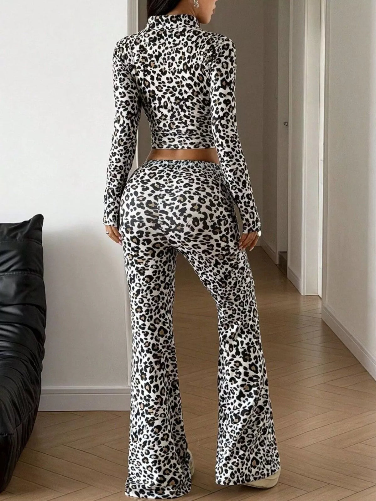 Leopard Print Zip-Up Crop Top and Flared Pants Two-Piece Set