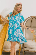 BiBi Floral Crinkle Shirred Ruffle Detail V Neck Dress