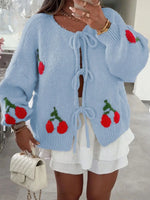 Cherry Pattern Tie-Front Oversized Cardigan