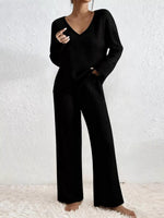 Ribbed Knit V-Neck Top and Pants Set