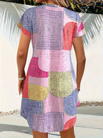 Geometric V-Neck Short Sleeve Button-Front Dress