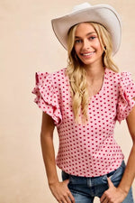 BiBi Heart Patterned Knit Ruffled Sleeves Top