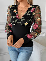 Floral Mesh Sleeve V-Neck Top