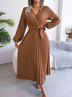 Elegant Pleated Front Tie Long Sleeve Dress