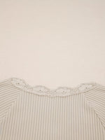 Lace Neckline Button Decor Lettuce Edge Long Sleeve Ribbed Top