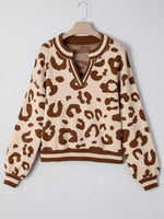 Leopard Knit Notched Casual Sweater