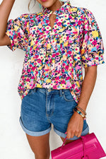 Flower Print Frilled Collar Short Puff Sleeve Summer Blouse
