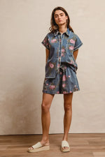 BiBi Floral Printed Denim Short Pants With Pocket
